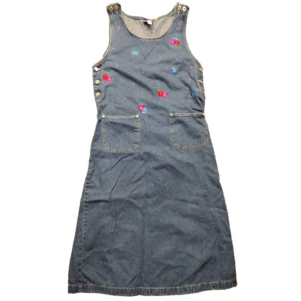 J.L.N.Y Sport Womens Denim Midi Jumper Dress w/ Floral Embroidery -Sz M Pocket